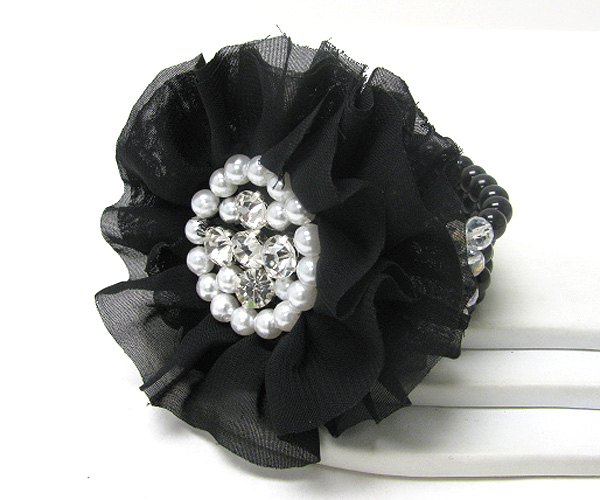 Crystal and pearl center fabric flower stretch bracelet