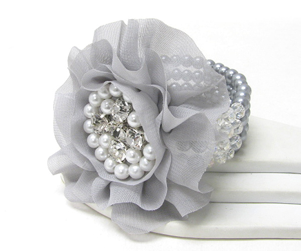 Crystal and pearl center fabric flower stretch bracelet