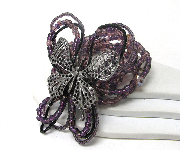 Metal filigree butterfly and bead deco stretch bracelet