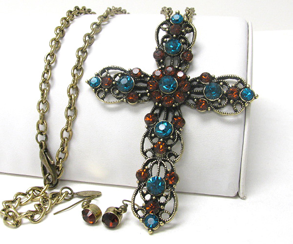 Crystal and metal filigree large cross and long necklace earring set