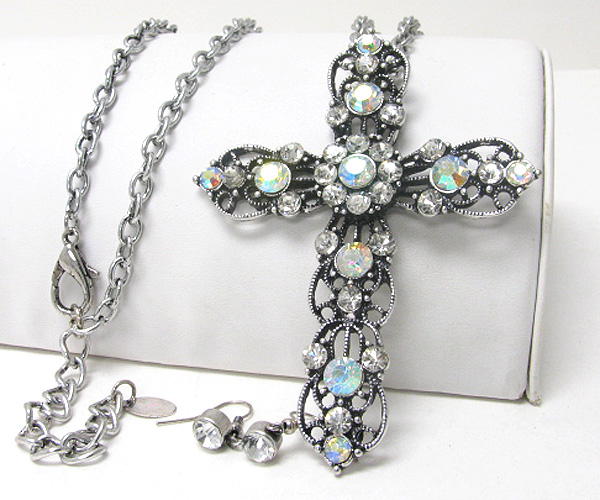 Crystal and metal filigree large cross and long necklace earring set