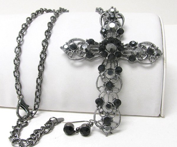 Crystal and metal filigree large cross and long necklace earring set