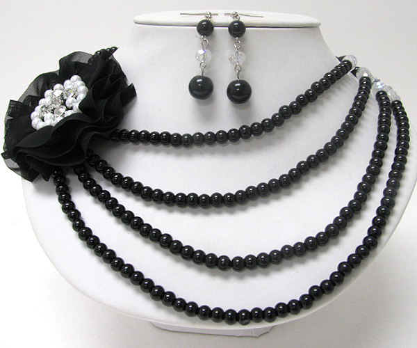 Crystal and pearl center fabric flower corsage necklace earring set