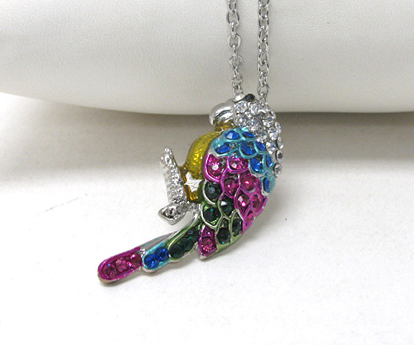 Crystal and multi colored paint deco parrot pendant necklace