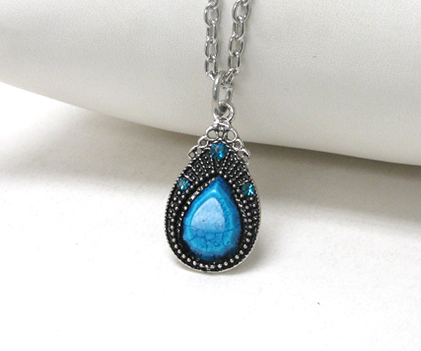 Crystal and turquoise deco metal filigree pendant necklace