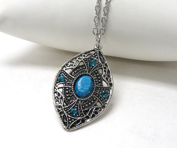 Crystal and turquoise deco metal filigree pendant necklace