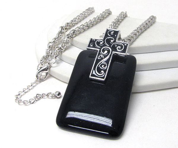 Large squre stone and cross top pendant necklace