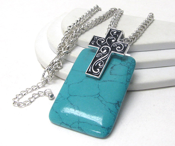 Large squre stone and cross top pendant necklace