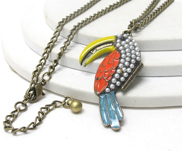 Pearl and paint deco large beak tropical bird pendant necklace