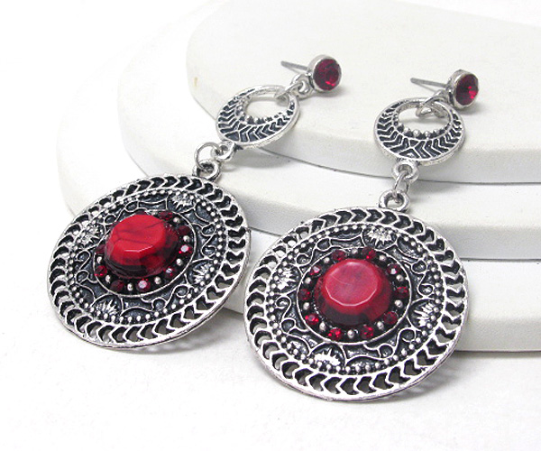 Crystal and metal filigree disk drop earring