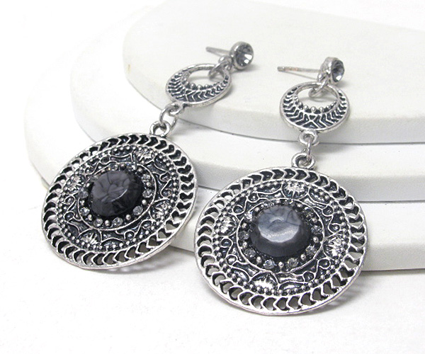 Crystal and metal filigree disk drop earring