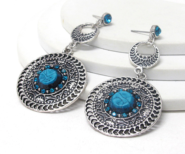 Crystal and metal filigree disk drop earring