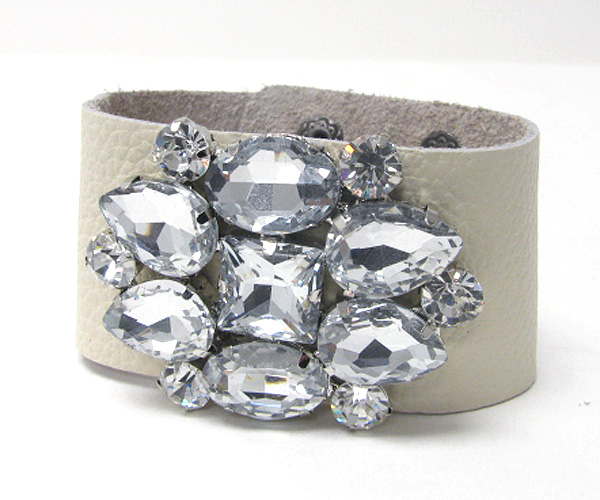 Crystal and facet glass deco wide leatherette bracelet