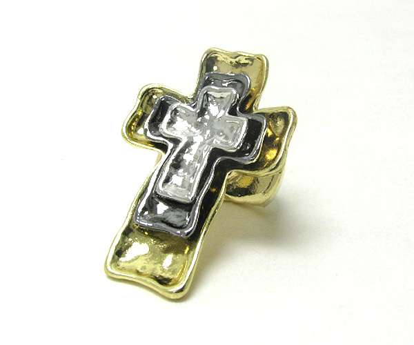 Tri tone metal cross stretch ring