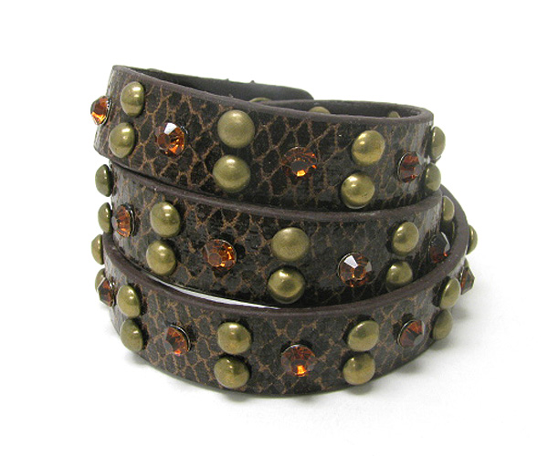 Crystal and metal ball stud animal print leatherette wrap bracelet