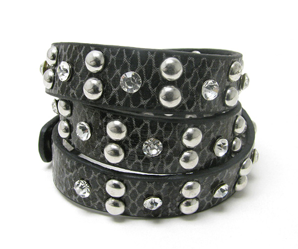 Crystal and metal ball stud animal print leatherette wrap bracelet