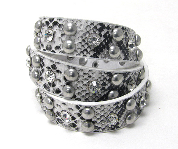 Crystal and metal ball stud animal print leatherette wrap bracelet