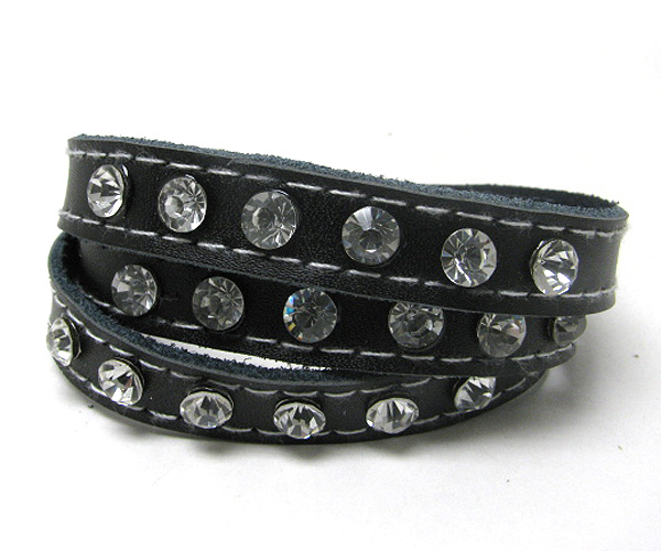 Multi crystal stud leatherette wrap bracelet