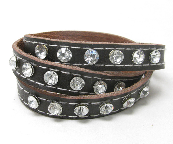 Multi crystal stud leatherette wrap bracelet