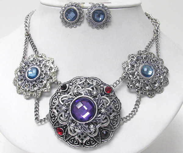 Facet glass and crystal deco on metal filigree disk link necklace earring set