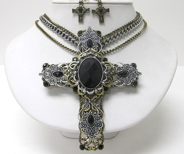 Facet glass center and crystal deco large metal filigree cross pendant necklace earring set