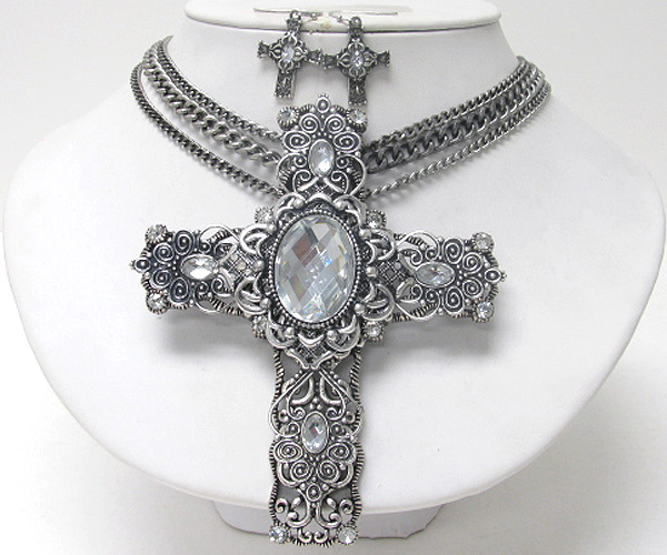 Facet glass center and crystal deco large metal filigree cross pendant necklace earring set