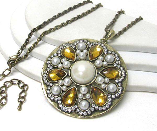 Crystal and pearl deco large medallion pendant necklace