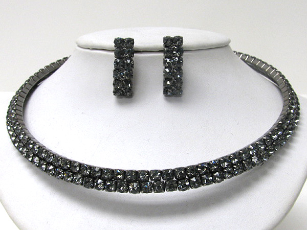 Double line rhinestone chocker necklace earring set