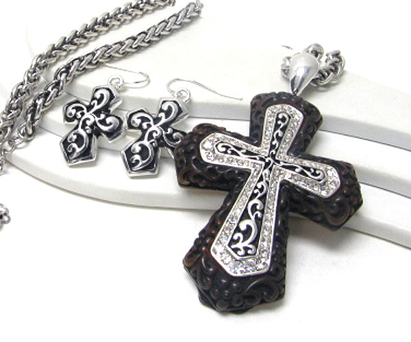 Crystal and metal filigree cross pendant necklace earring set