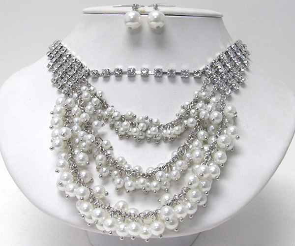 Multi layer pearl chain drop and rhinestone necklace earring set