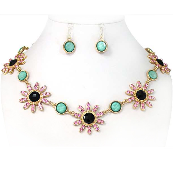 Multi crystal flower link necklace earring set