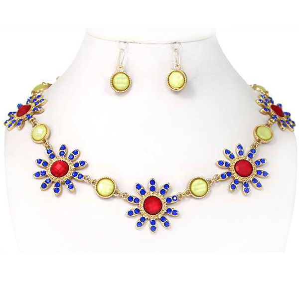 Multi crystal flower link necklace earring set