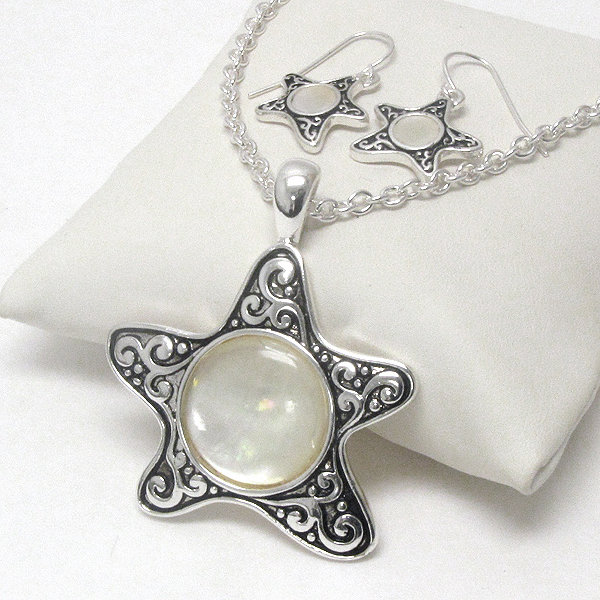 Mop finish center and metal casting star pendant necklace earring set