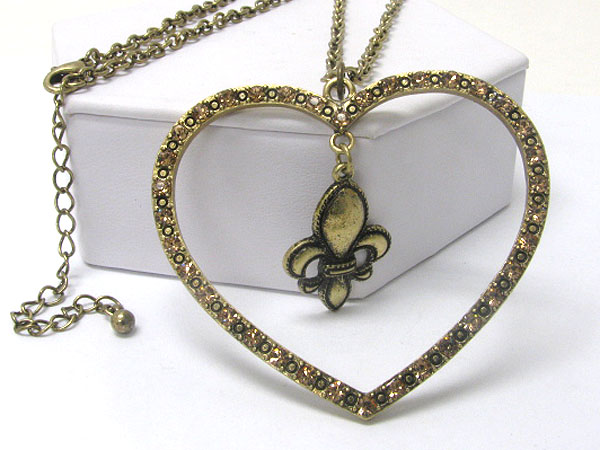 Crystal deco large open heart and dangling fluer de lis necklace