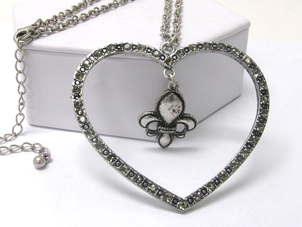 Crystal deco large open heart and dangling fluer de lis necklace