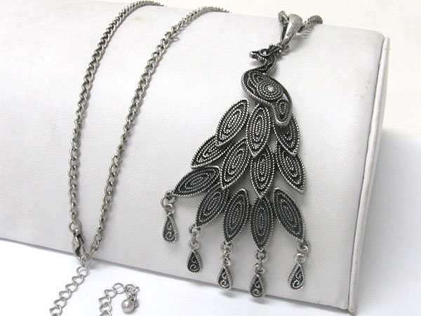 Burnish metal peacock and drop tail necklace