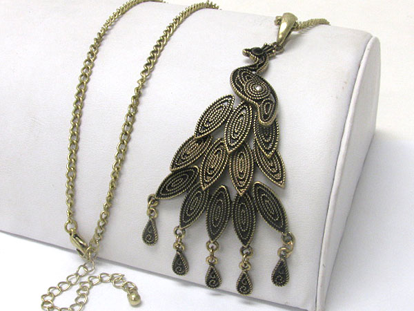 Burnish metal peacock and drop tail necklace