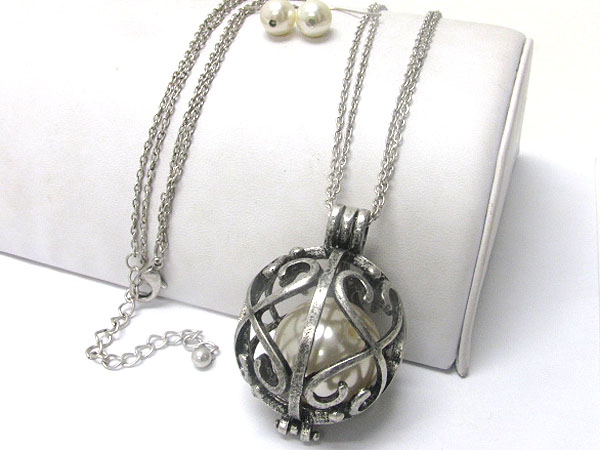 Large metal ball pendant long necklace and earring set - metal ball opens