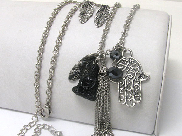 Hamsa and buddah long necklace and earring set