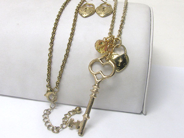 Large key and heart lock drop necklace and earring set