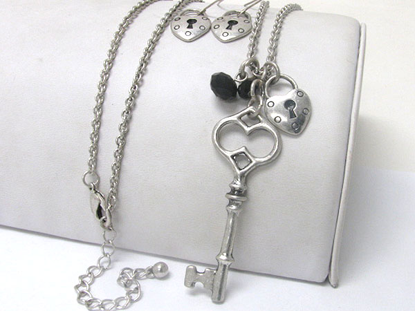 Large key and heart lock drop necklace and earring set