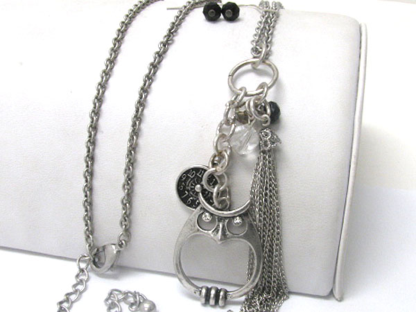 Metal owl and watch theme long necklace and earring set