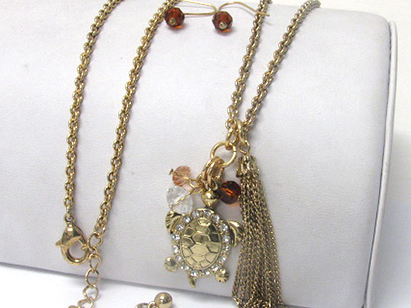 Crystal deco turtle long necklace and earring set