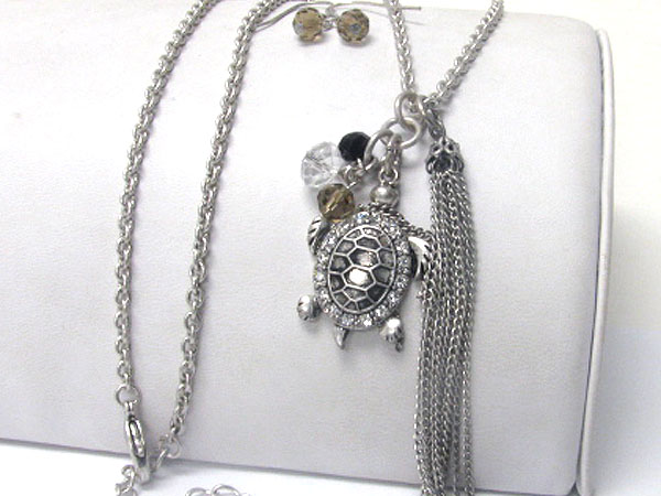 Crystal deco turtle long necklace and earring set