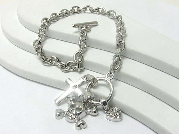 Made in korea whitegold plating crystal deco skull and cross theme bracelet