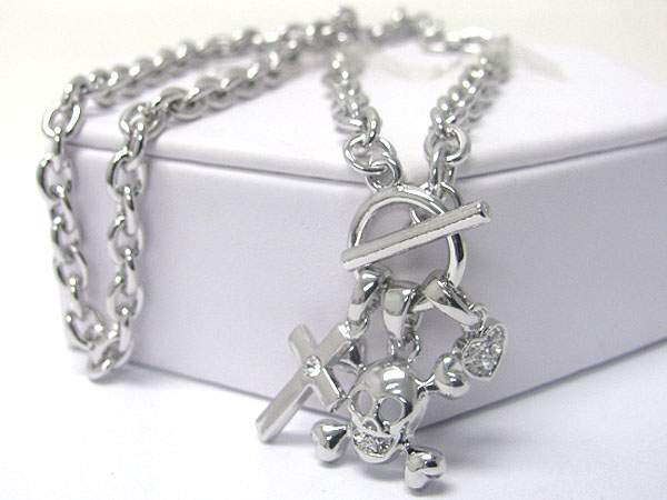 Made in korea whitegold plating crystal deco skull and cross theme necklace