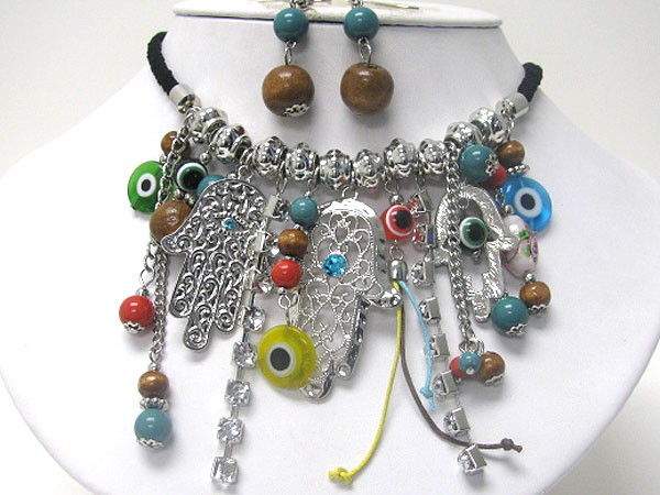 Multi hamsa and evil eye drop necklace and earring set