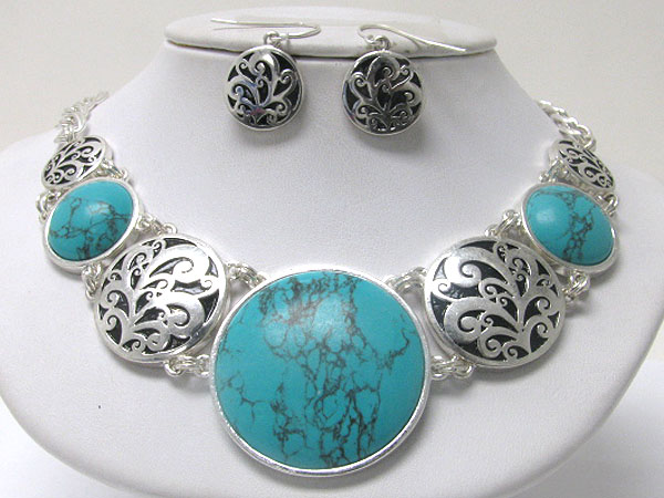 Boutique style natural stone and textured metal disk link necklace and earring set