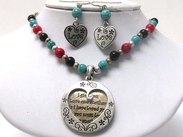 Love message double pendant overlap and natural stone charm necklace and earring set