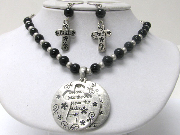 Faith message and cross pendant overlap and natural stone charm necklace and earring set